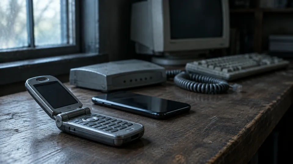 Ældre telefoner, et modem og en gammel computerskærm stillet op på et skrivebord