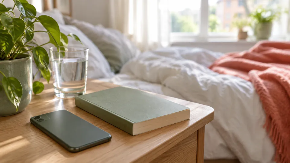 En mobiltelefon med skærmen nedad på et natbord ved siden af en bog, et glas vand og en grøn plante